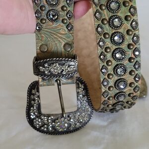 Vintage Leather & Swarovski Crystals Western Belt with Rhinestone Buckle